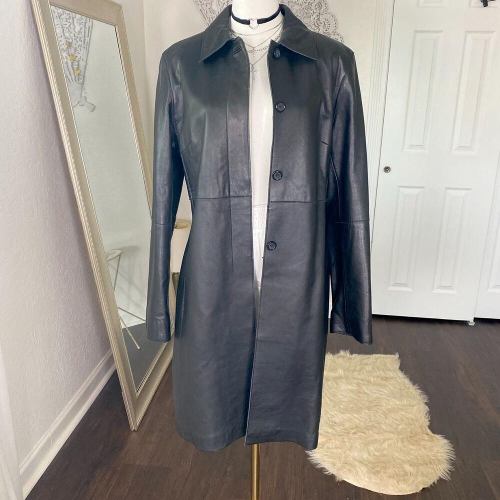 Express Vintage Soft Black Genuine Leather Trench Coat Jacket L / 11 / 12